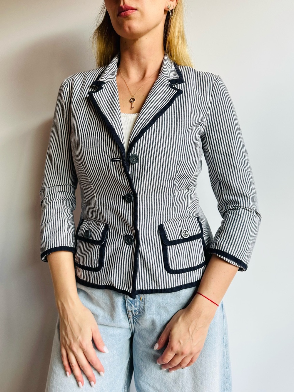 Vintage Tory Burch Seersucker Stripe Linen Cotton Blazer Jacket Navy Preppy